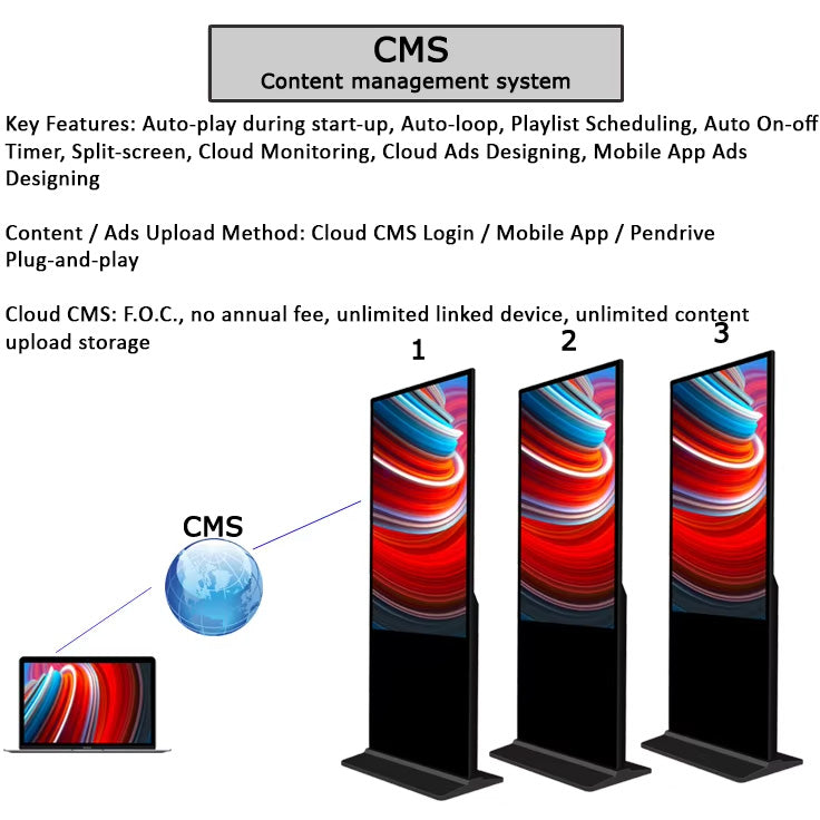Digital Signage Floor Standee Display Advertising Display Advertising Kiosk Vertical Screen TV Floor Stand Ads Screen